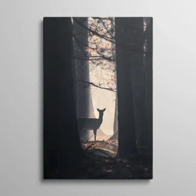 tableau biche dans les bois Tableau biche dans les bois, silhouette de biche dans une forêt automnale brumeuse traversée par un rai de lumière, photographie nature intimiste