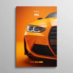 Tableau BMW M4 – face avant de la BMW M4 en orange vif sur fond orange studio, double grille en nid d'abeilles et phare LED