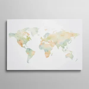 Tableau carte du monde aquarelle, continents en lavis pastel vert sauge et pêche sur fond blanc, décoration murale voyage minimaliste