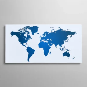 Tableau carte du monde bleu, continents en aplat bleu marine sur fond bleu ciel, design graphique minimaliste