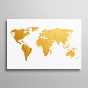 Tableau carte du monde doré, continents en texture feuille d'or avec éclaboussures aquarelle sur fond blanc, décoration luxe contemporaine