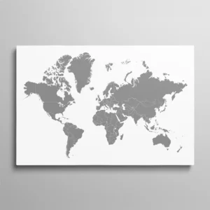 Tableau carte du monde gris, continents en aplat gris avec frontières des pays tracées en blanc sur fond blanc, design cartographique minimaliste