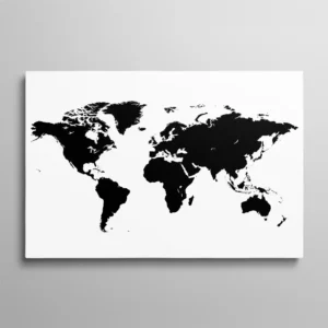 Tableau carte du monde noir et blanc, continents en aplat noir intense sur fond blanc pur, contraste graphique maximal sans frontières