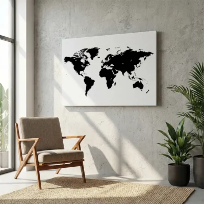 Tableau carte du monde noir et blanc