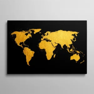 Tableau carte du monde noir et or, continents en texture feuille d'or sur fond noir absolu, contraste luxueux et dramatique