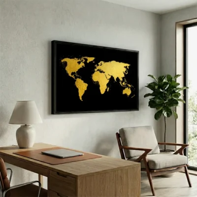 Tableau carte du monde noir et or