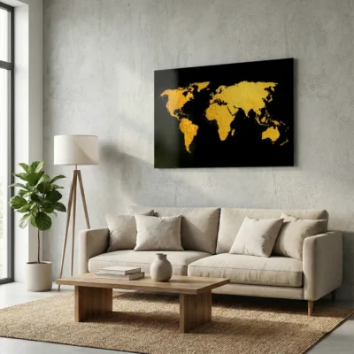 Tableau carte du monde noir et or