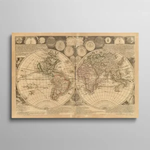 Tableau carte du monde vintage, mappe-monde ancienne double hémisphère XVIIe siècle, cartographie historique sépia avec illustrations astronomiques et textes manuscrits