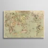 Tableau carte du monde voyage, carte illustrée japonaise vintage avec personnages, monuments et animaux de chaque continent, style pictural encre et aquarelle