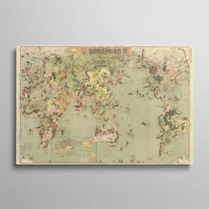 Tableau carte du monde voyage, carte illustrée japonaise vintage avec personnages, monuments et animaux de chaque continent, style pictural encre et aquarelle