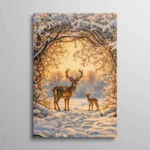 Tableau cerf et faon, peinture à l'huile d'un cerf et son faon sous une arche de branches enneigées, lumière dorée hivernale chaude et apaisante