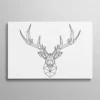 Tableau cerf géométrique, tête de cerf en tracé wireframe low-poly, lignes graphiques grises sur fond blanc, design minimaliste contemporain