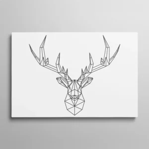 Tableau cerf géométrique, tête de cerf en tracé wireframe low-poly, lignes graphiques grises sur fond blanc, design minimaliste contemporain
