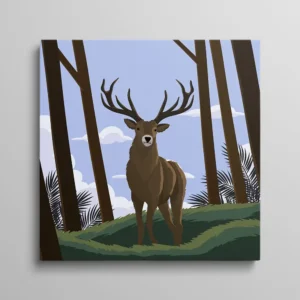 Tableau cerf graphique, illustration d'un cerf de face dans une forêt aux troncs bruns sur fond bleu ciel avec nuages, style dessin plat coloré
