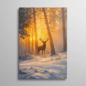 Tableau cerf lumineux, peinture d'un cerf dans une forêt enneigée traversée par une lumière dorée intense, coups de pinceau chauds et neige bleue
