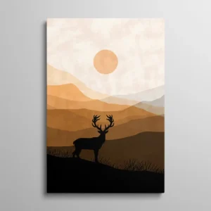 Tableau cerf moderne, silhouette noire de cerf sur un paysage de collines en dégradé ocre et beige avec soleil rond, illustration minimaliste contemporaine