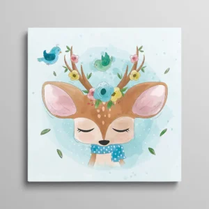 Tableau cerf pour enfant, portrait de faon aux yeux fermés avec couronne de fleurs et écharpe bleue, oiseaux colorés sur les bois, illustration aquarelle douce fond bleu ciel