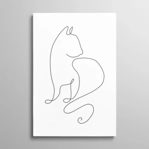 Tableau chat minimaliste – silhouette de chat assise dessinée en un seul trait continu, fond blanc, style one-line art