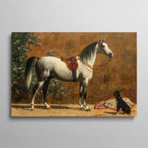 Tableau cheval ancien – reproduction de "Gris pommelé avec chien" d'Emil Volkers, 1885, cheval gris pommelé sellé avec un chien noir sur fond ocre, huile sur toile