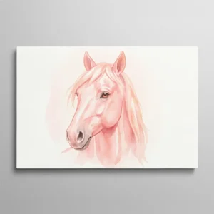 Tableau cheval rose – portrait d'un cheval en aquarelle aux tons rose et pêche, fond blanc cassé, style illustration aquarelle douce