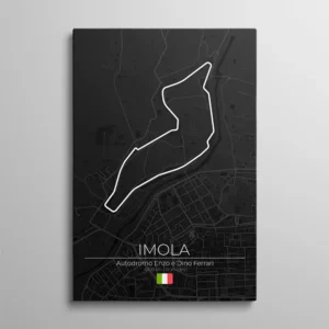 Tableau circuit Imola – tracé blanc de l'Autodromo Enzo e Dino Ferrari sur fond de carte urbaine sombre, typographie "Imola" et drapeau italien, illustration vectorielle