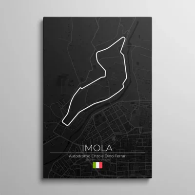tableau circuit imola Tableau circuit Imola – tracé blanc de l'Autodromo Enzo e Dino Ferrari sur fond de carte urbaine sombre, typographie "Imola" et drapeau italien, illustration vectorielle