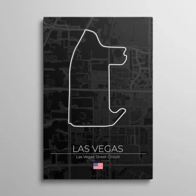 tableau circuit las vegas Tableau circuit Las Vegas – tracé blanc du Las Vegas Street Circuit sur carte urbaine sombre en grille, typographie "Las Vegas" et drapeau américain, illustration vectorielle