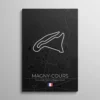 Tableau circuit Magny-Cours – tracé blanc du Circuit de Nevers Magny-Cours sur carte sombre de la Nièvre, typographie "Magny-Cours" et drapeau français, illustration vectorielle