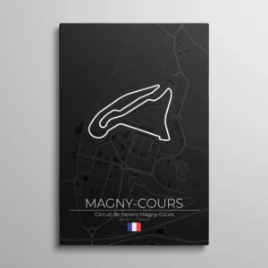Tableau circuit Magny-Cours – tracé blanc du Circuit de Nevers Magny-Cours sur carte sombre de la Nièvre, typographie "Magny-Cours" et drapeau français, illustration vectorielle
