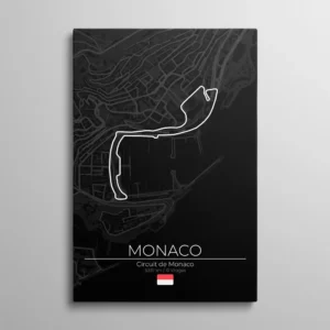 tableau circuit monaco Tableau circuit Monaco – tracé blanc du Circuit de Monaco sur carte urbaine sombre avec mer noire, typographie "Monaco" et drapeau monégasque, illustration vectorielle