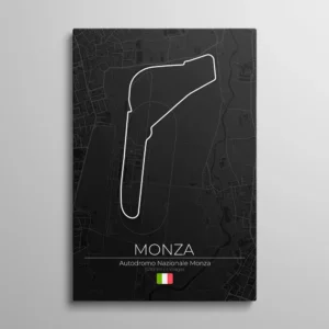 Tableau circuit Monza – tracé blanc de l'Autodromo Nazionale Monza sur carte urbaine sombre, typographie "Monza" et drapeau italien, illustration vectorielle