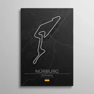 Tableau circuit Nurburgring – tracé blanc du Nürburgring sur carte topographique sombre, typographie "Nürburg" et drapeau allemand, illustration vectorielle