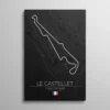 Tableau circuit Paul Ricard – tracé blanc du Circuit Paul Ricard sur carte sombre de la Provence, typographie "Le Castellet" et drapeau français, illustration vectorielle
