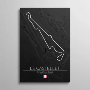 Tableau circuit Paul Ricard – tracé blanc du Circuit Paul Ricard sur carte sombre de la Provence, typographie "Le Castellet" et drapeau français, illustration vectorielle