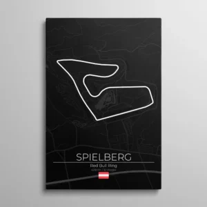 Tableau circuit Red Bull Ring – tracé blanc du Red Bull Ring sur carte topographique sombre des Alpes autrichiennes, typographie "Spielberg" et drapeau autrichien, illustration vectorielle