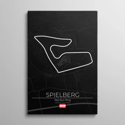 tableau circuit red bull ring Tableau circuit Red Bull Ring – tracé blanc du Red Bull Ring sur carte topographique sombre des Alpes autrichiennes, typographie "Spielberg" et drapeau autrichien, illustration vectorielle