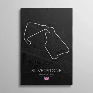 Tableau circuit Silverstone – tracé blanc du Silverstone Circuit sur carte sombre, typographie "Silverstone", illustration vectorielle