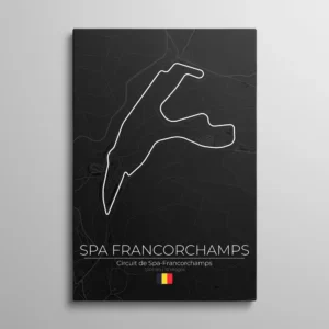 Tableau circuit Spa Francorchamps – tracé blanc du Circuit de Spa-Francorchamps sur carte sombre des Ardennes, typographie "Spa Francorchamps" et drapeau belge, illustration vectorielle