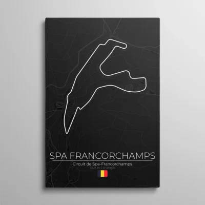 tableau circuit spa francorchamps Tableau circuit Spa Francorchamps – tracé blanc du Circuit de Spa-Francorchamps sur carte sombre des Ardennes, typographie "Spa Francorchamps" et drapeau belge, illustration vectorielle