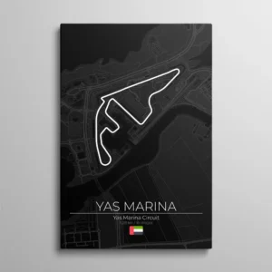 Tableau circuit Yas Marina – tracé blanc du Yas Marina Circuit sur carte sombre d'Abu Dhabi, typographie "Yas Marina" et drapeau des Émirats, illustration vectorielle