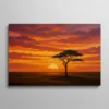 Tableau coucher de soleil africain – silhouette d'un acacia solitaire sur fond de ciel orange et rouge au coucher du soleil, savane africaine, style peinture à l'huile