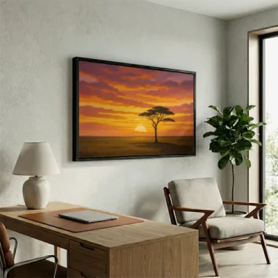 tableau coucher de soleil africain avec cadre flottant Tableau coucher de soleil africain