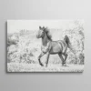 Tableau dessin cheval – cheval au trot dessiné au crayon graphite avec hachures, végétation en arrière-plan, style dessin académique réaliste