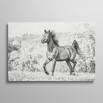 tableau dessin cheval Tableau dessin cheval – cheval au trot dessiné au crayon graphite avec hachures, végétation en arrière-plan, style dessin académique réaliste