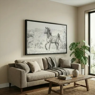 tableau dessin cheval avec cadre flottant Tableau dessin cheval