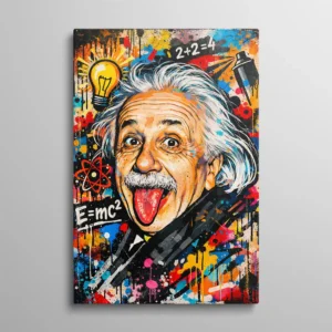 Tableau Einstein street art – portrait d'Albert Einstein tirant la langue sur fond graffiti multicolore avec E=mc², ampoule et symboles scientifiques, style pop art street art