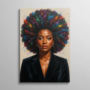 Tableau femme afro – portrait d'une femme en blazer noir avec un afro aux couleurs explosives, éclaboussures de peinture multicolores, fond beige