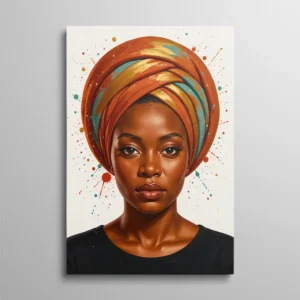 Tableau femme turban – portrait hyperréaliste d'une femme au turban orange, or et teal, éclaboussures de peinture colorées sur fond blanc