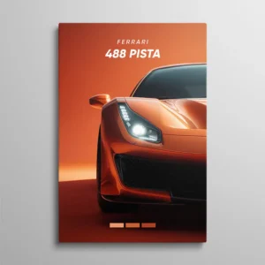 Tableau Ferrari 488 Pista – face avant de la Ferrari 488 Pista en orange cuivré sur fond orange dégradé, phare allumé, rendu 3D studio automobile