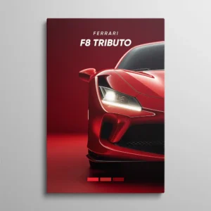 Tableau Ferrari F8 Tributo – face avant de la Ferrari F8 Tributo rouge sur fond rouge profond, phare LED allumé, rendu 3D studio illustration automobile